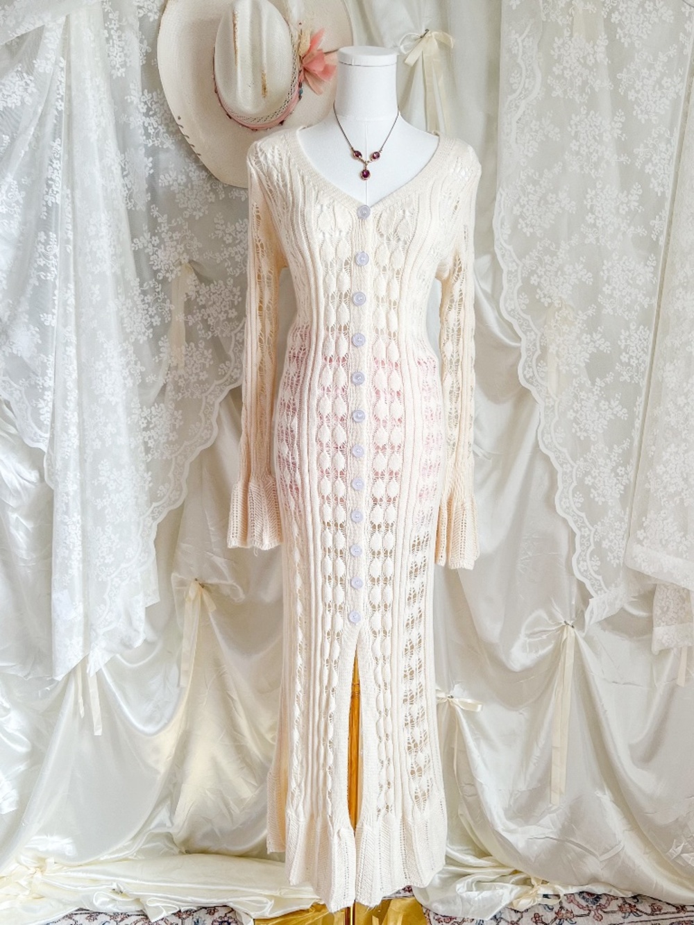 Cream Open Knit Bell Sleeve Duster Cardigan Fairycore Boho Maxi Sweater